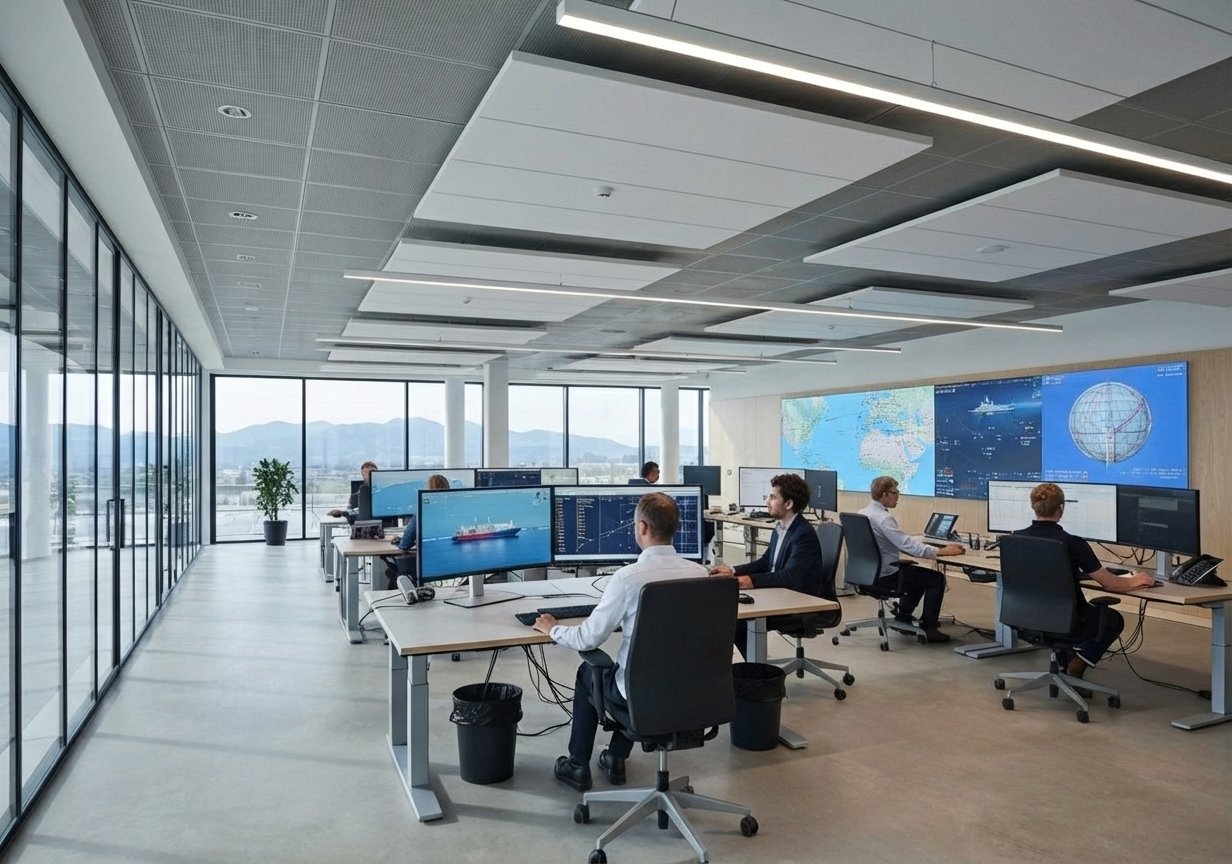 Moderne Leitwarte mit Multi-Monitor-Arbeitsplätzen und LED-Videowand