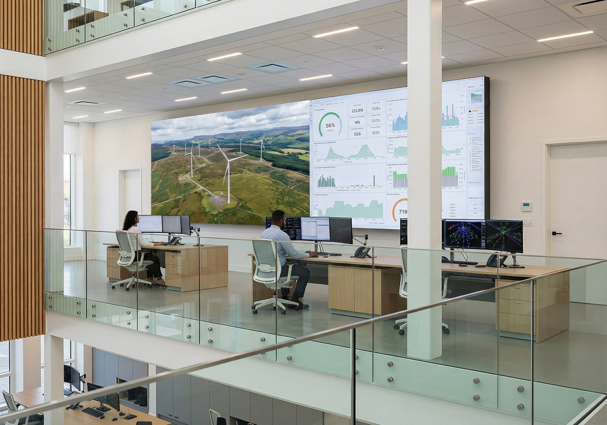 Energie-Leitwarte mit LED-Videowand und Windpark-Dashboard