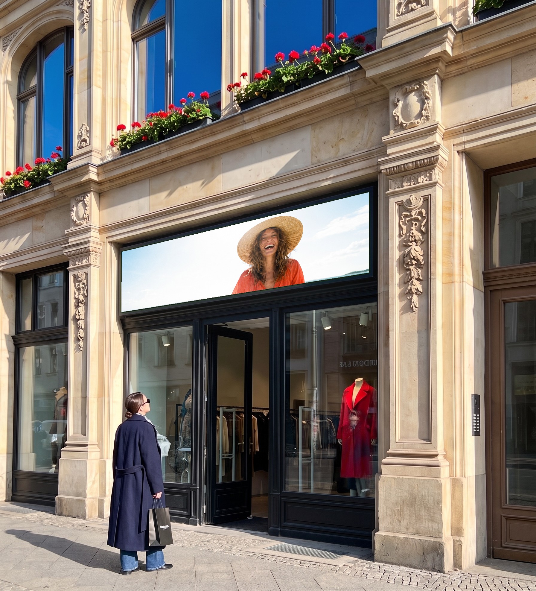Gründerzeitfassade an der Friedrichstraße, über dem Eingang einer Boutique zeigt eine LED-Fläche ein Sommermotiv, eine Passantin schaut hoch