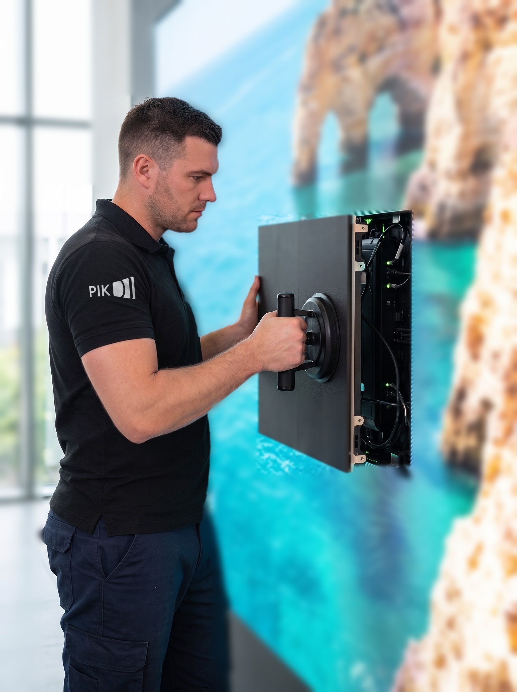 PIK-Techniker zieht im Foyer ein Modul mit dem Vakuumheber aus der LED-Wand