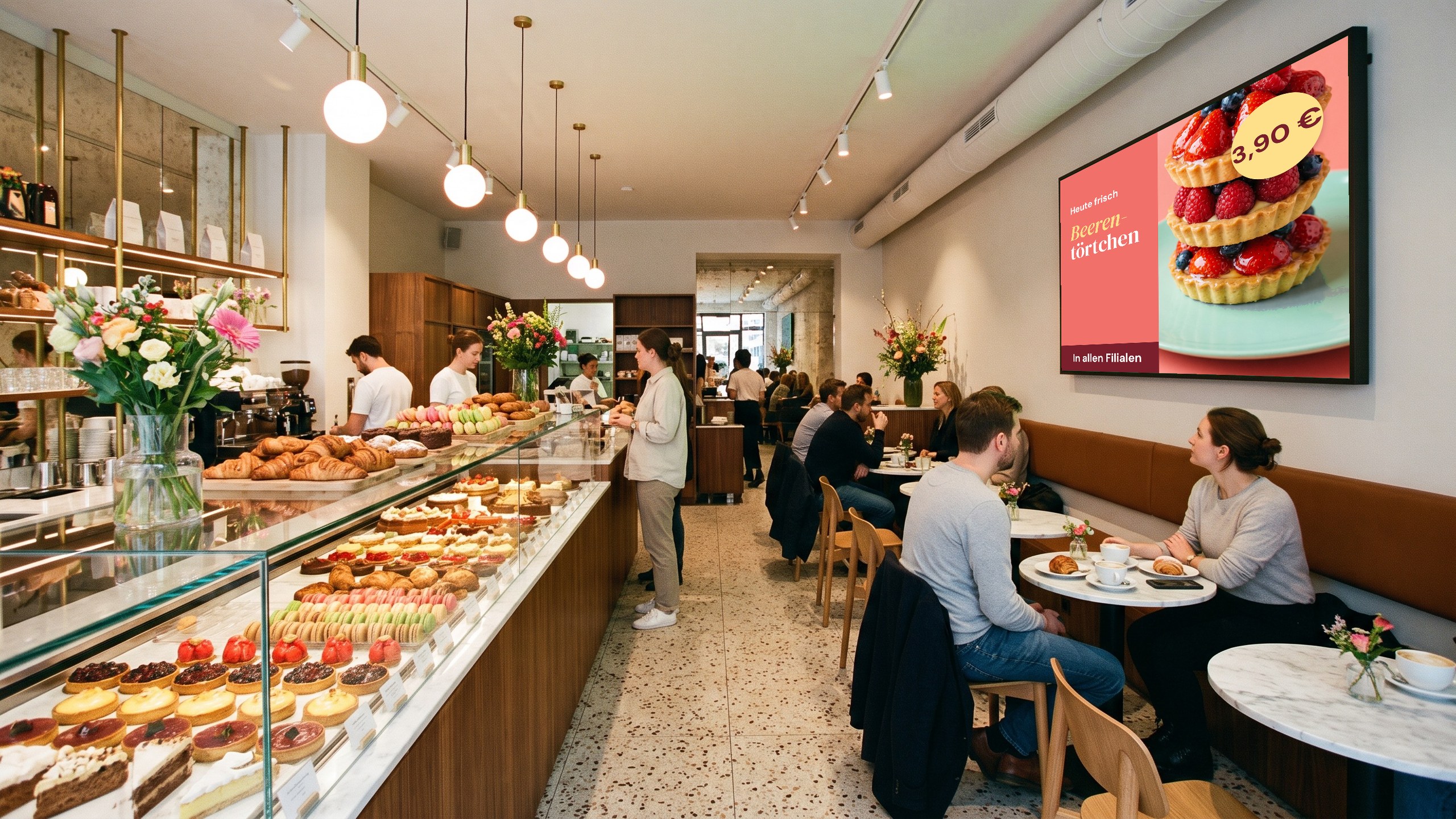 LED-Wand im Café-Bereich einer dritten Filiale über der Sitzbank, Gäste an Marmortischen, dasselbe Motiv