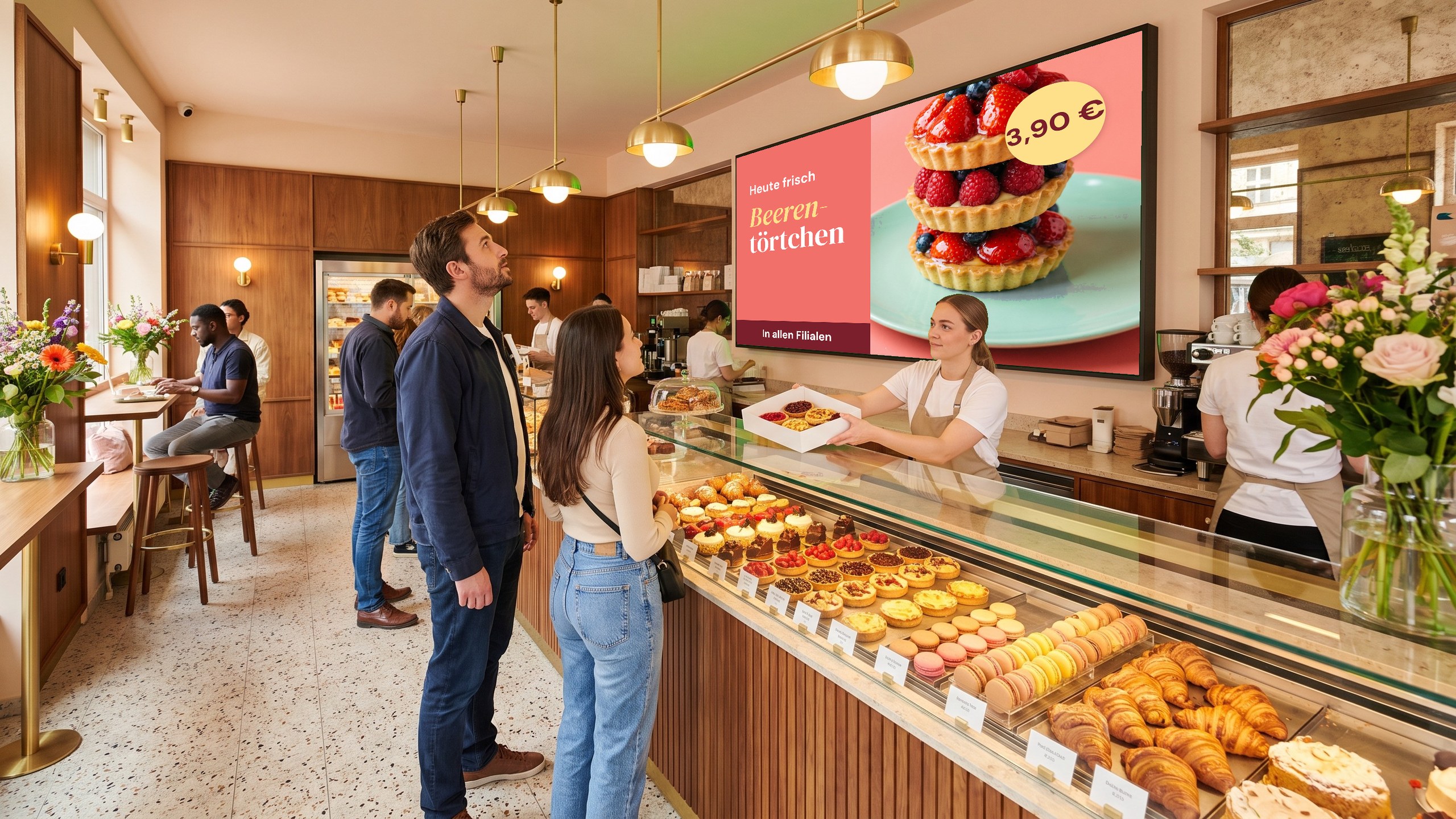 LED-Wand über der Theke einer Patisserie-Filiale, zwei Kunden in der Schlange schauen auf das Motiv Heute frisch, Beerentörtchen