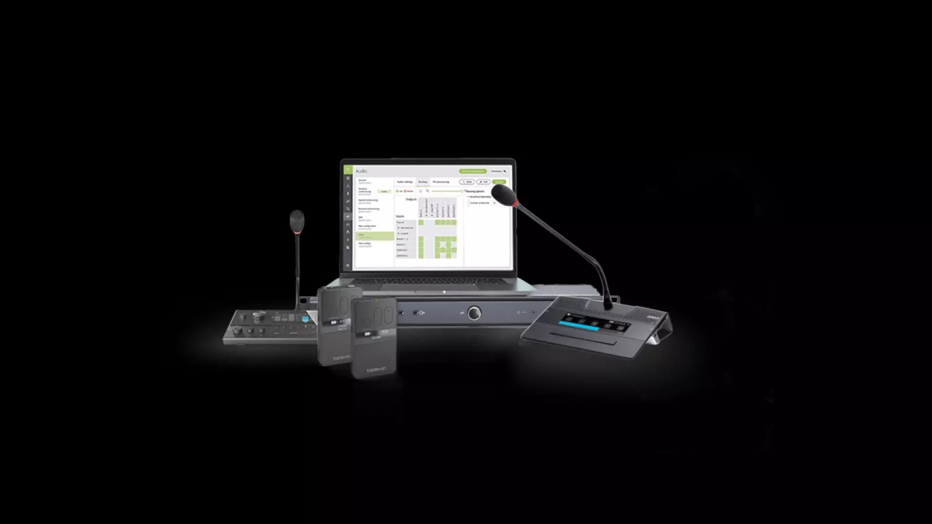 Televic Plixus-System mit CoCon-Software auf Laptop, Dolmetscherkonsole, Konferenzeinheit und Bodypack
