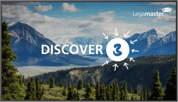Legamaster DISCOVER 3 Display Frontansicht mit Landschaftsbild und DISCOVER 3 Branding