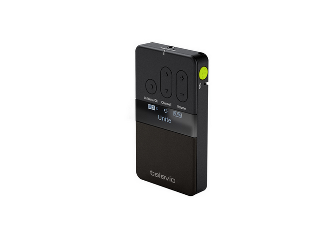 Televic Unite RP-T Taschenempfänger mit OLED-Display und Talkback-Taste