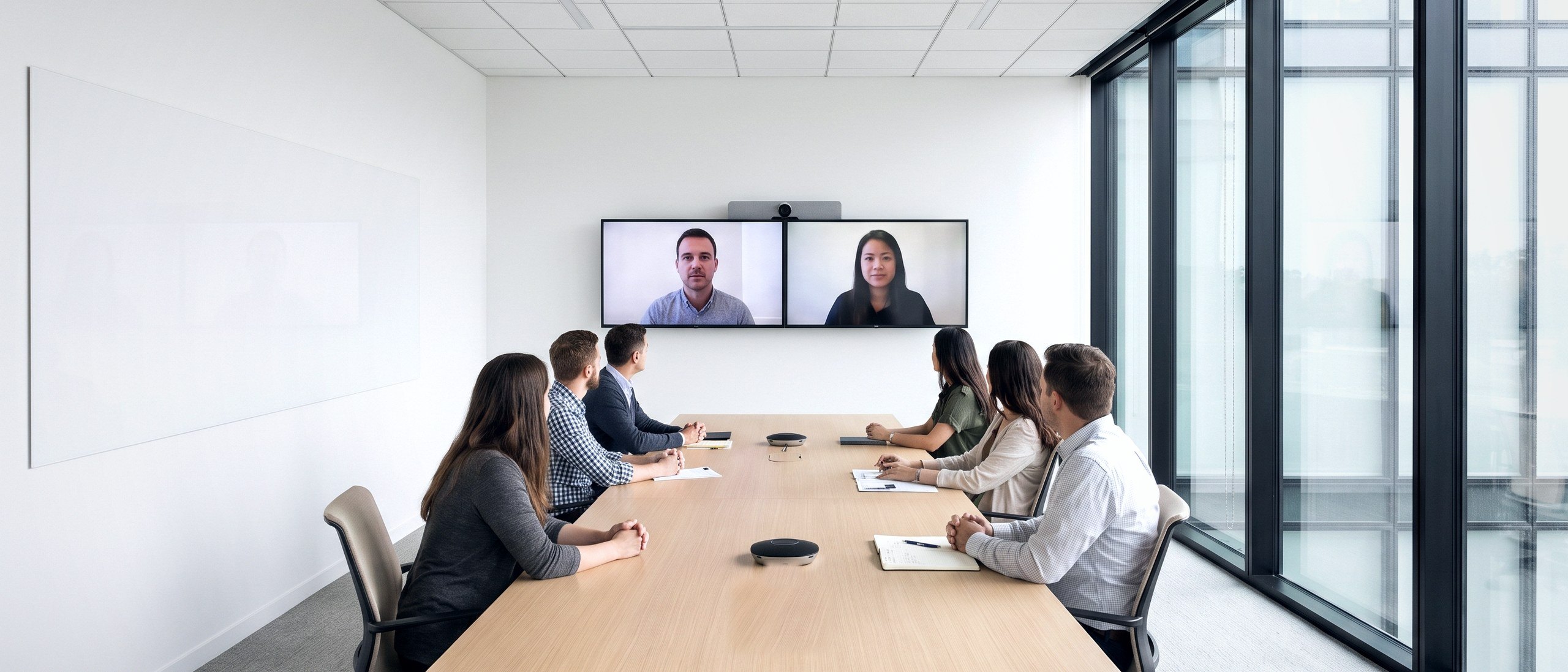 Besprechungsraum mit zwei Displays, Videobar und Tischmikrofonen während einer Videokonferenz