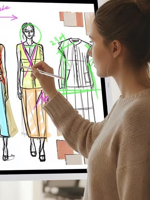 Frau zeichnet mit dem Stift Modeskizzen auf einem Samsung Flip