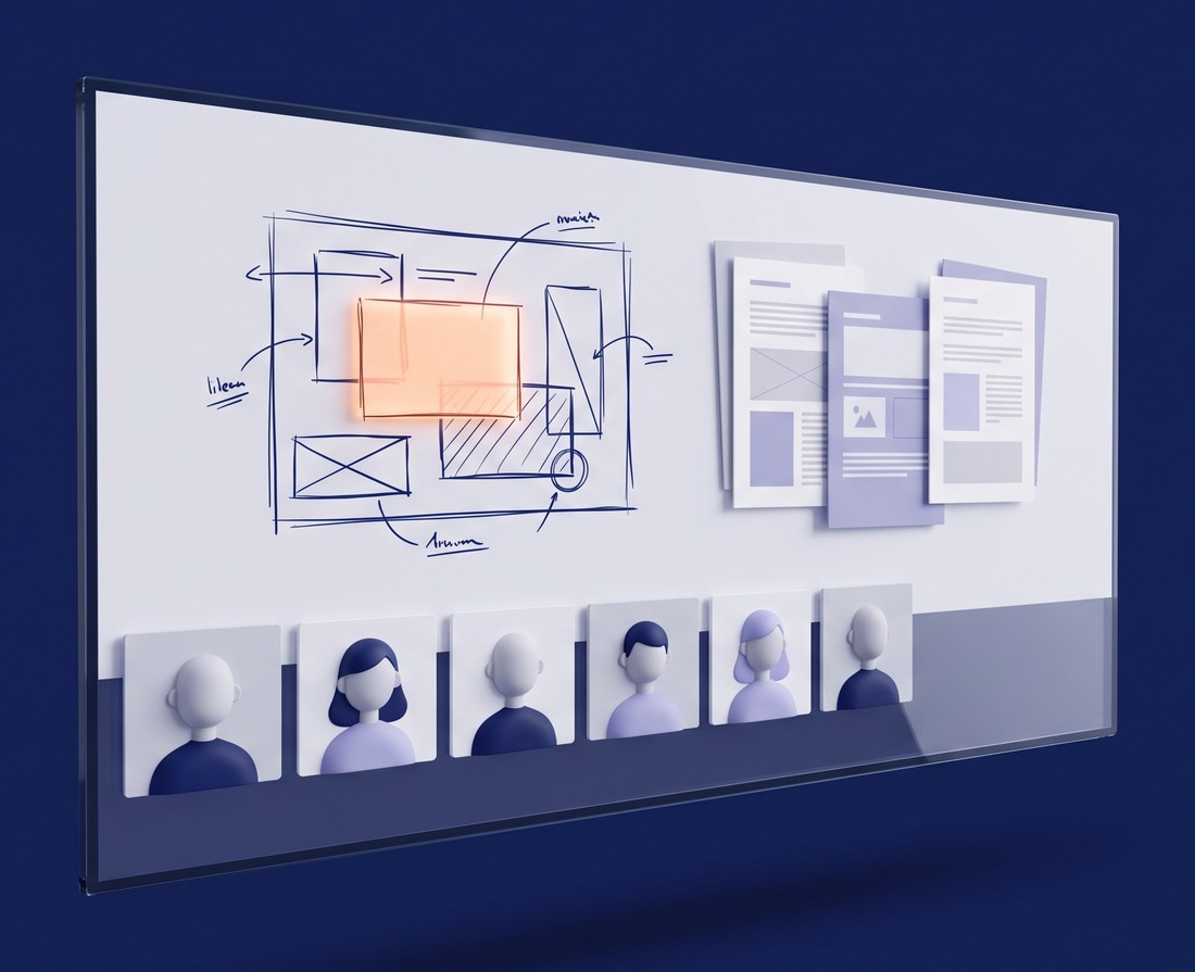 Ein flaches Ultrawide-Display im Format 21:9, in Perspektive gedreht: links die Arbeitsfläche mit einer Skizze, rechts geteilte Dokumente, darunter eine Reihe zugeschalteter Teilnehmer