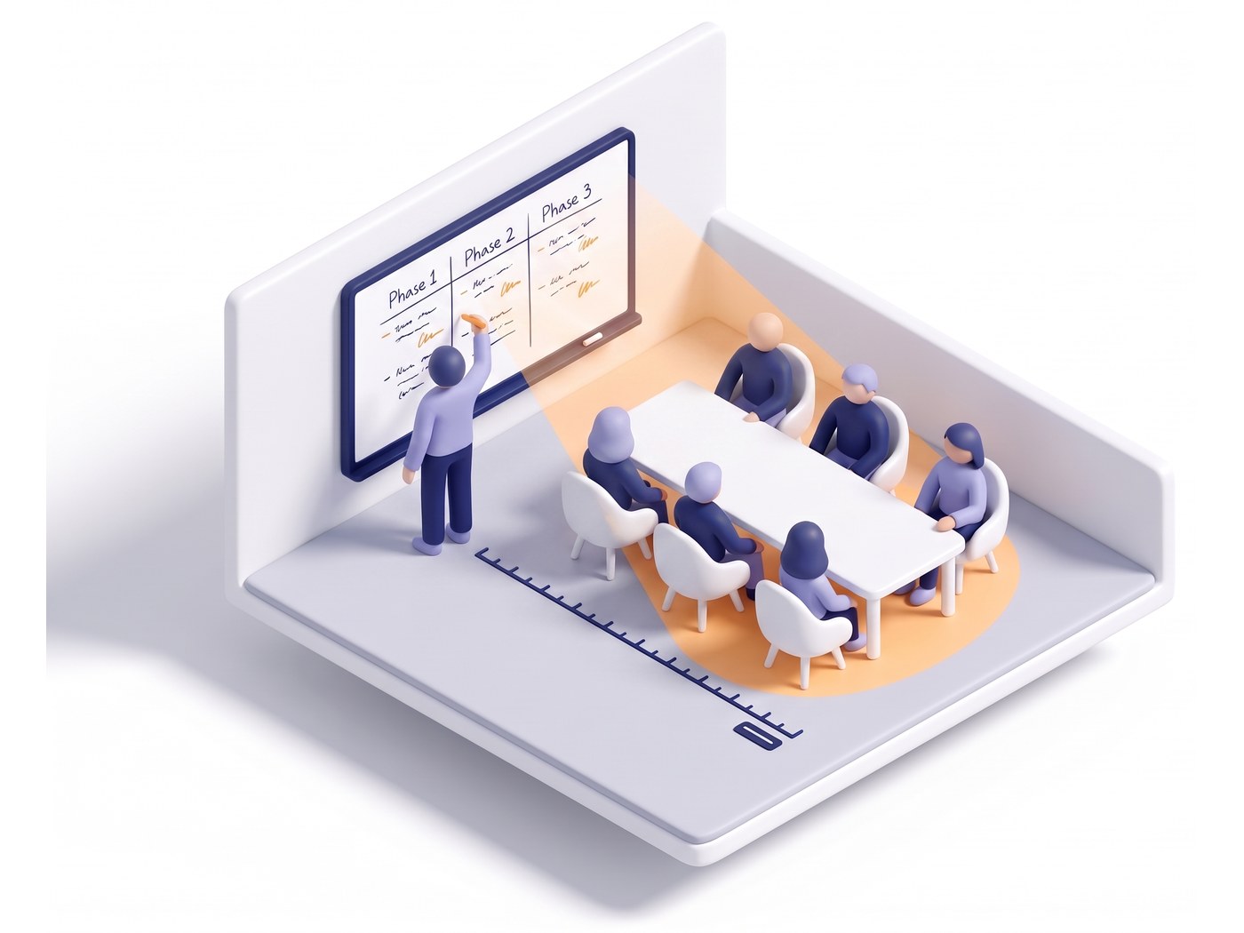 Illustration Konferenzraum: die Lesezone des 75-Zoll-Displays reicht über den ganzen Tisch bis zu den letzten Plätzen