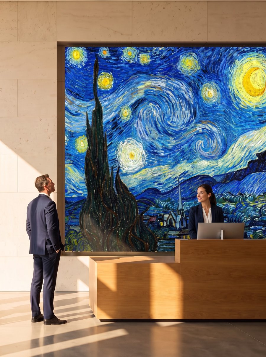 Empfang mit LED-Wand, auf der Van Goghs Sternennacht läuft