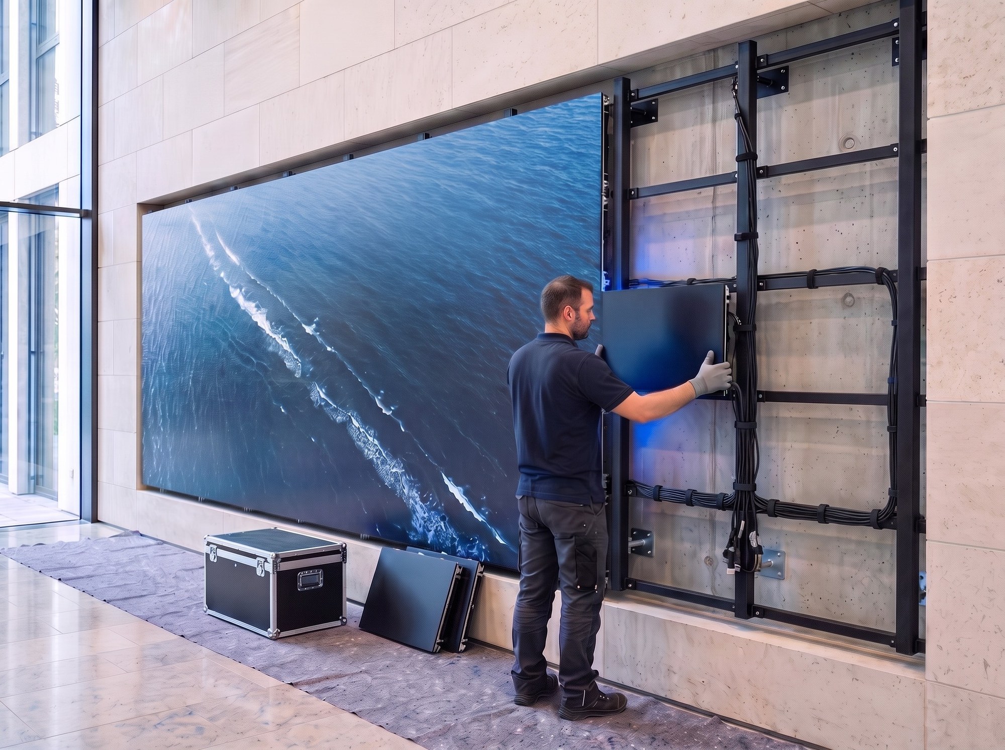 Techniker hängt ein LED-Cabinet in den Montagerahmen an der Wand eines Foyers