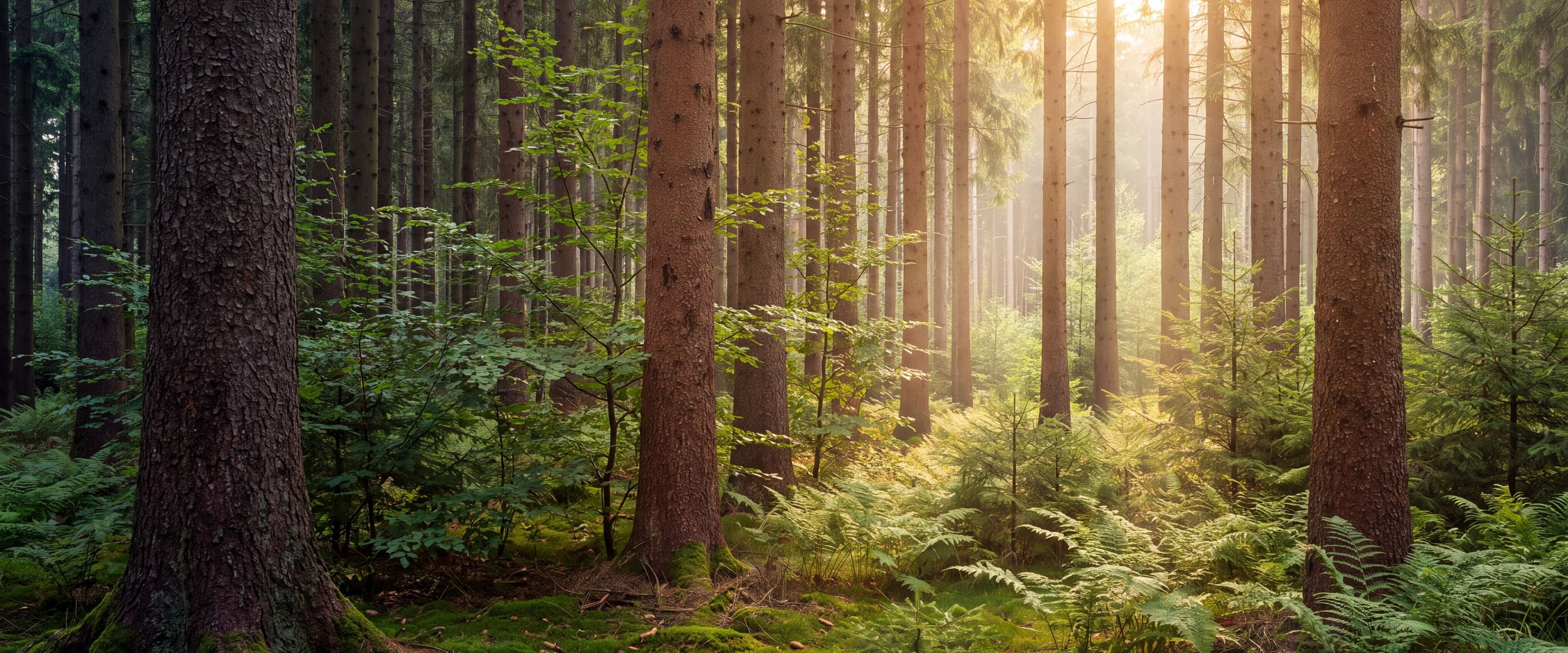 Sonniger Fichtenwald mit Farnen im warmen Morgenlicht