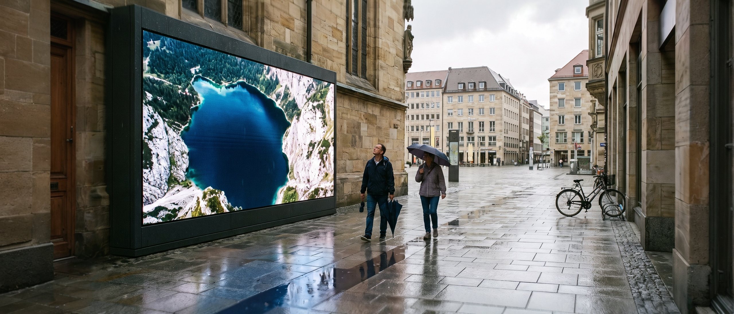 Outdoor-LED-Wand an einer Kirchenfassade nach einem Regenschauer, zwei Passanten schauen hinauf